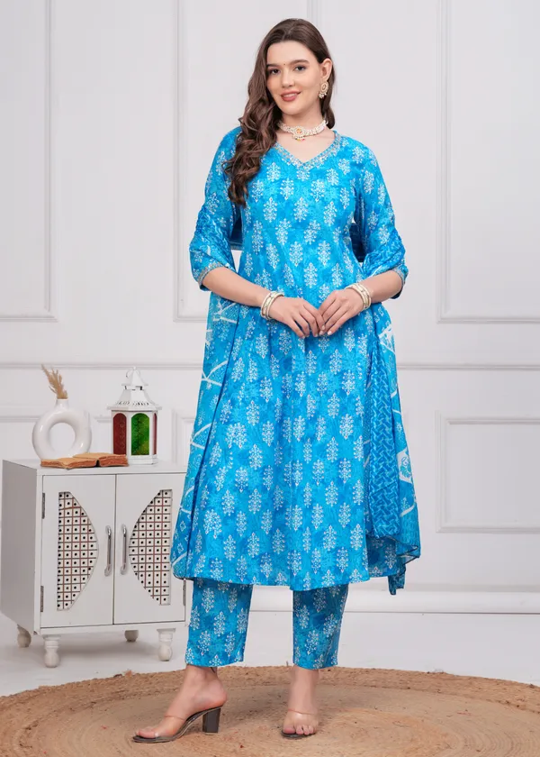 Sky_V-Neck_Floral_Printed_Sequinned_Pure_Cotton_Anarkali_Kurta_With_Trouser_&_Dupatta_For_Women