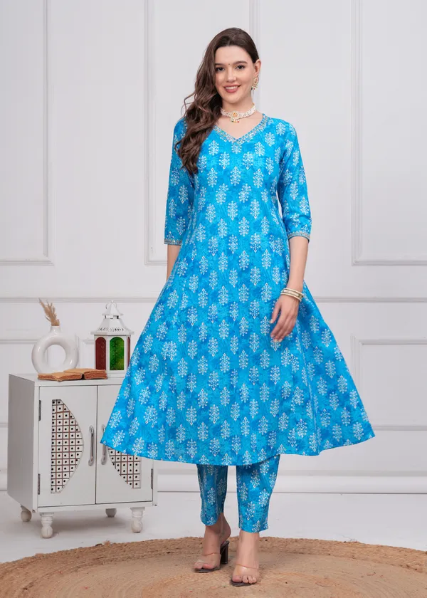Sky_V-Neck_Floral_Printed_Sequinned_Pure_Cotton_Anarkali_Kurta_With_Trouser_&_Dupatta_For_Women