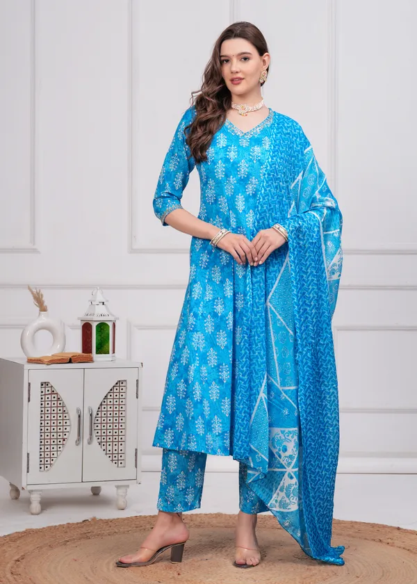 Sky_V-Neck_Floral_Printed_Sequinned_Pure_Cotton_Anarkali_Kurta_With_Trouser_&_Dupatta_For_Women