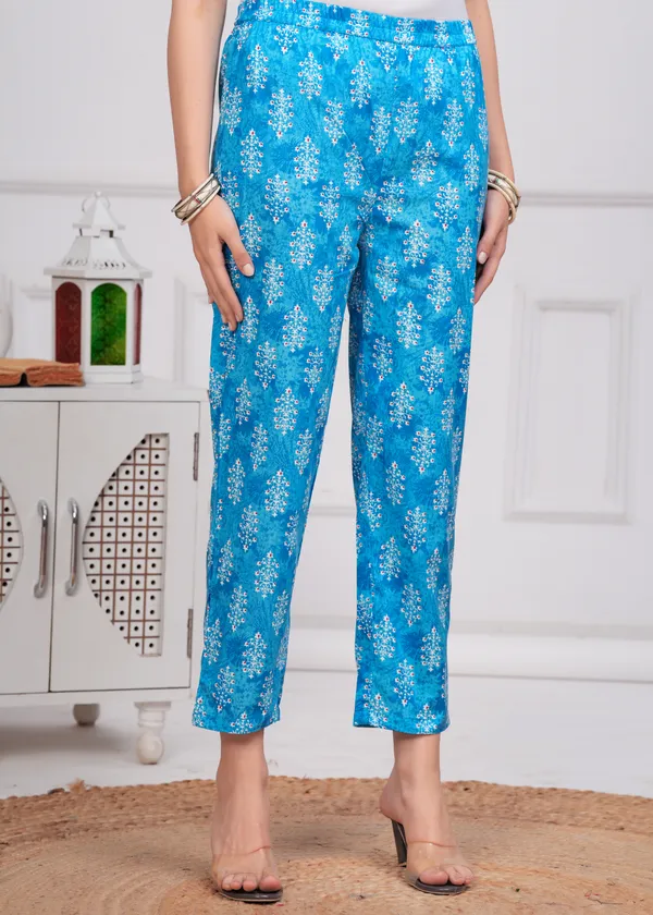 Sky_V-Neck_Floral_Printed_Sequinned_Pure_Cotton_Anarkali_Kurta_With_Trouser_&_Dupatta_For_Women