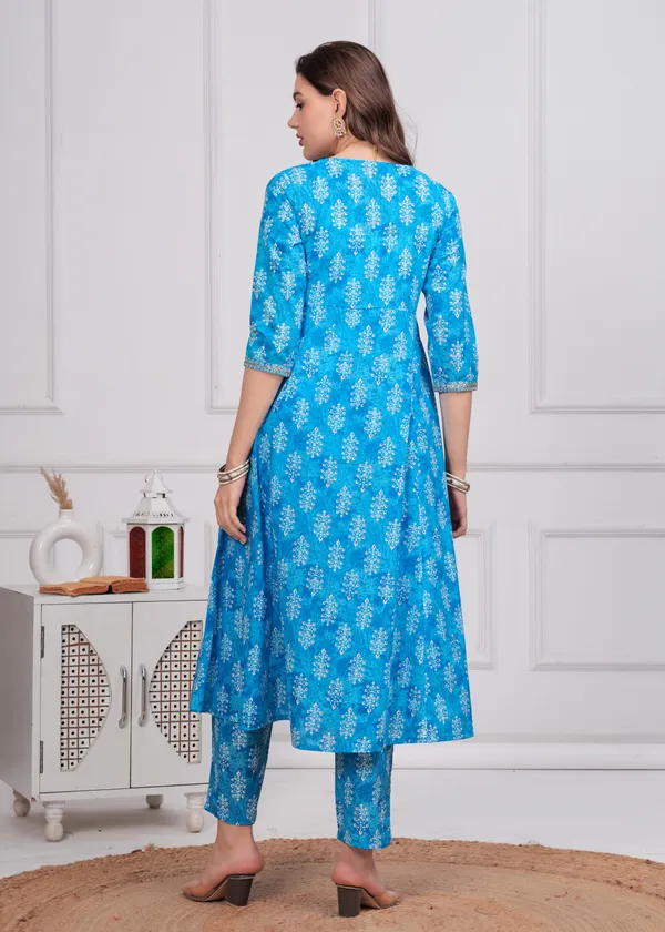 Sky_V-Neck_Floral_Printed_Sequinned_Pure_Cotton_Anarkali_Kurta_With_Trouser_&_Dupatta_For_Women