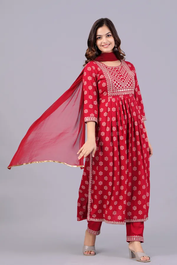 Red_Floral_Embroidered_Sequinned_Kurta_With_Palazzos_&_With_Dupatta_For_Women