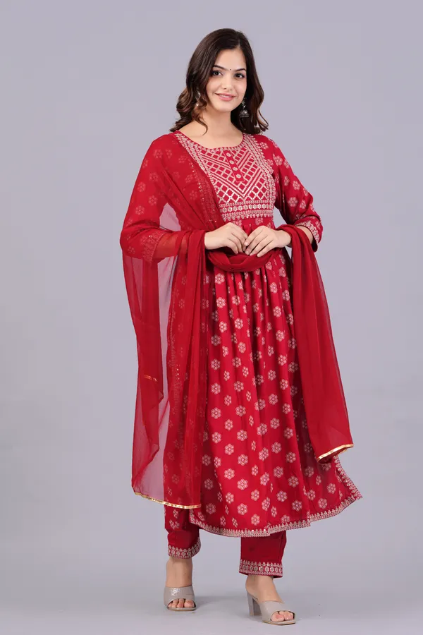 Red_Floral_Embroidered_Sequinned_Kurta_With_Palazzos_&_With_Dupatta_For_Women