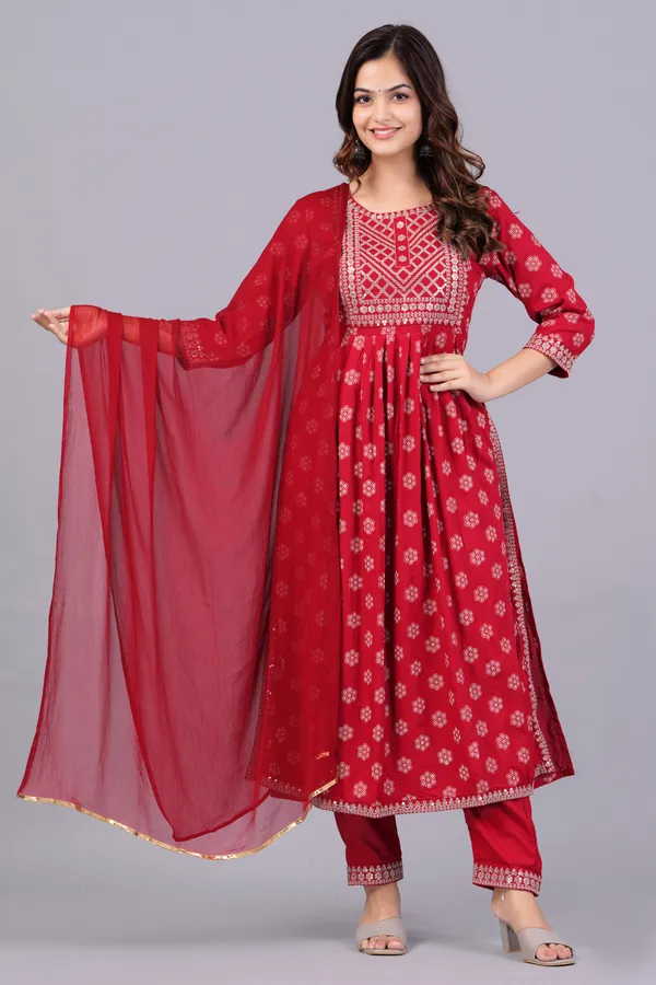 Red_Floral_Embroidered_Sequinned_Kurta_With_Palazzos_&_With_Dupatta_For_Women