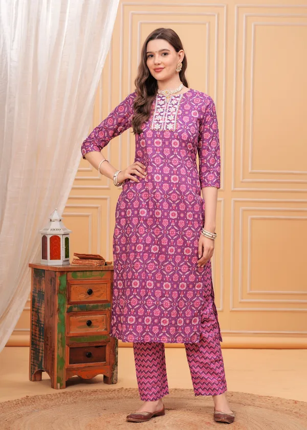 Purple_Round_Neck_Floral_Printed_Thread_Work_Pure_Cotton_Kurta_With_Palazzos_&_Dupatta_For_Women