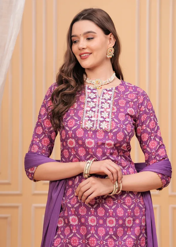 Purple_Round_Neck_Floral_Printed_Thread_Work_Pure_Cotton_Kurta_With_Palazzos_&_Dupatta_For_Women
