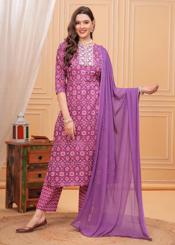 Purple_Round_Neck_Floral_Printed_Thread_Work_Pure_Cotton_Kurta_With_Palazzos_&_Dupatta_For_Women