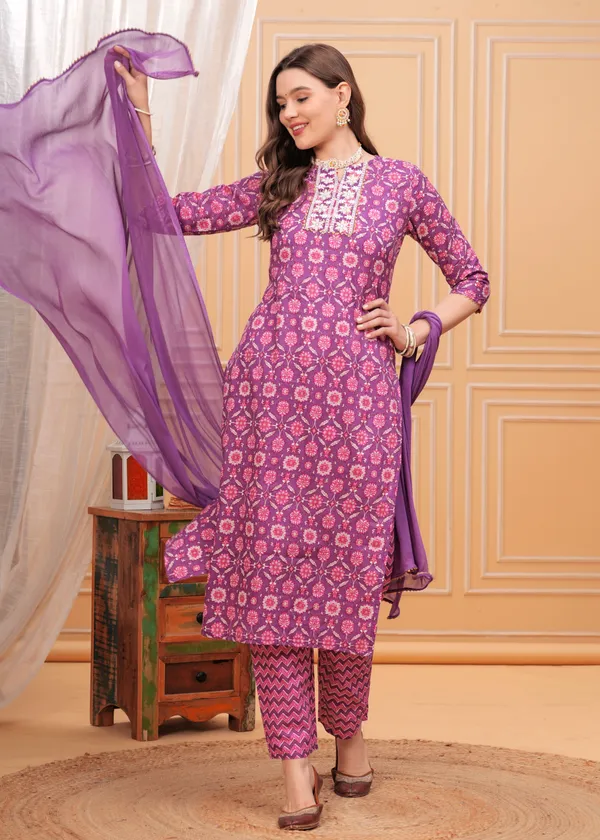 Purple_Round_Neck_Floral_Printed_Thread_Work_Pure_Cotton_Kurta_With_Palazzos_&_Dupatta_For_Women