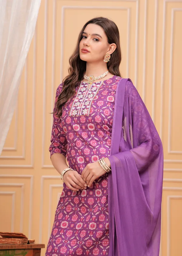 Purple_Round_Neck_Floral_Printed_Thread_Work_Pure_Cotton_Kurta_With_Palazzos_&_Dupatta_For_Women