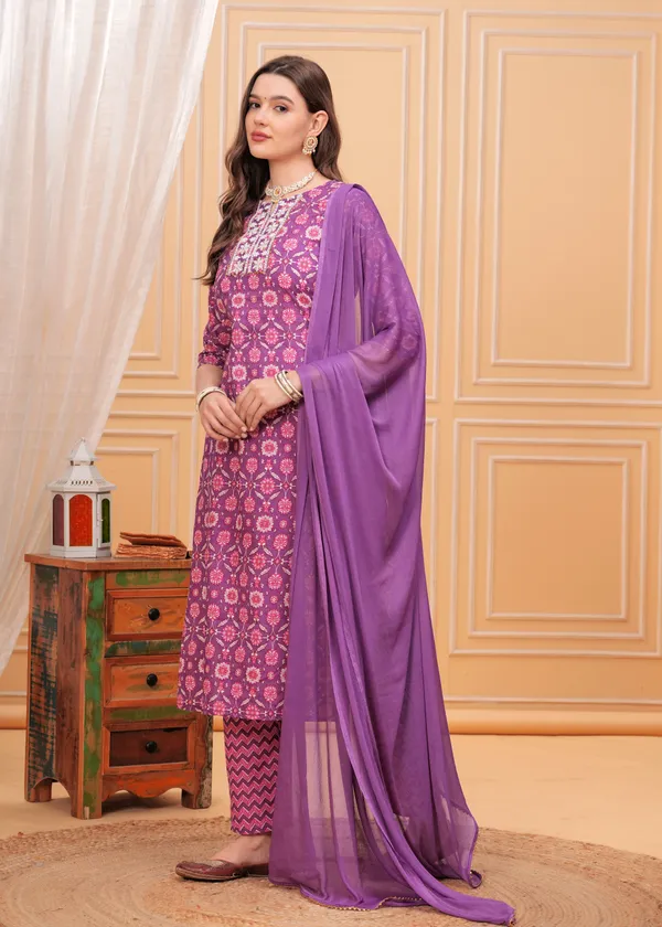 Purple_Round_Neck_Floral_Printed_Thread_Work_Pure_Cotton_Kurta_With_Palazzos_&_Dupatta_For_Women