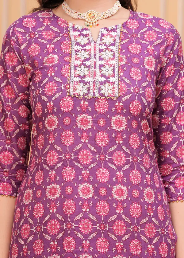 Purple_Round_Neck_Floral_Printed_Thread_Work_Pure_Cotton_Kurta_With_Palazzos_&_Dupatta_For_Women