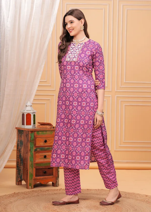 Purple_Round_Neck_Floral_Printed_Thread_Work_Pure_Cotton_Kurta_With_Palazzos_&_Dupatta_For_Women