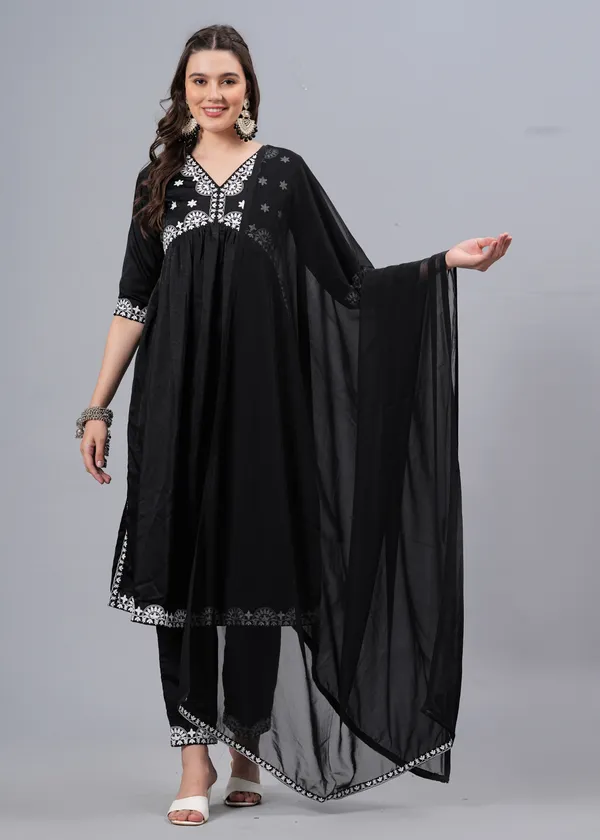 Black_Embroidered_Regular_Thread_Work_Straight_Kurta_With_Trousers_&_Dupatta_For_Women