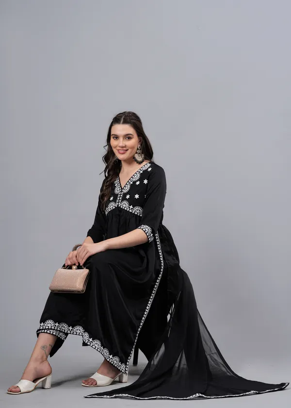 Black_Embroidered_Regular_Thread_Work_Straight_Kurta_With_Trousers_&_Dupatta_For_Women