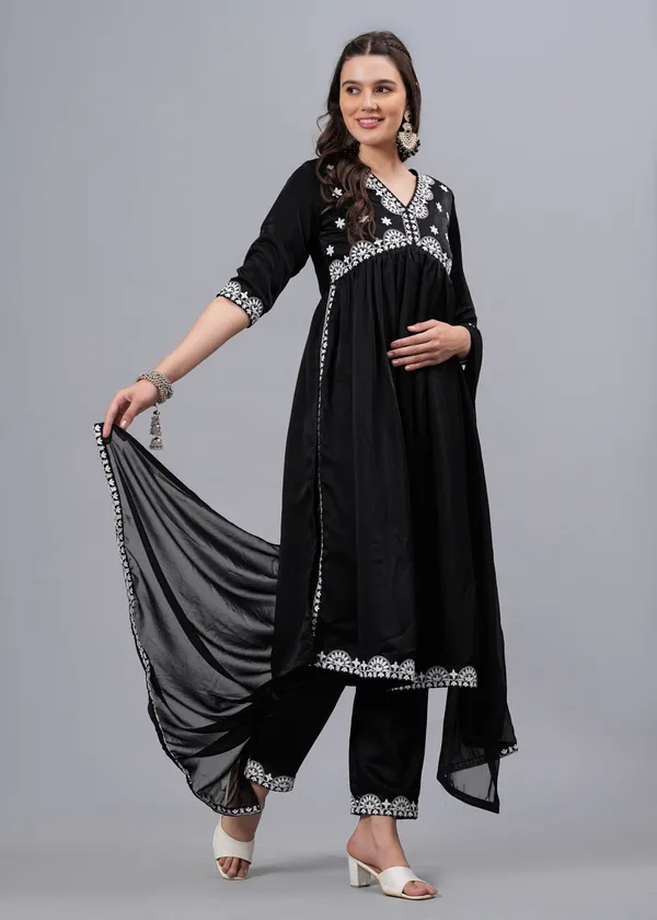 Black_Embroidered_Regular_Thread_Work_Straight_Kurta_With_Trousers_&_Dupatta_For_Women