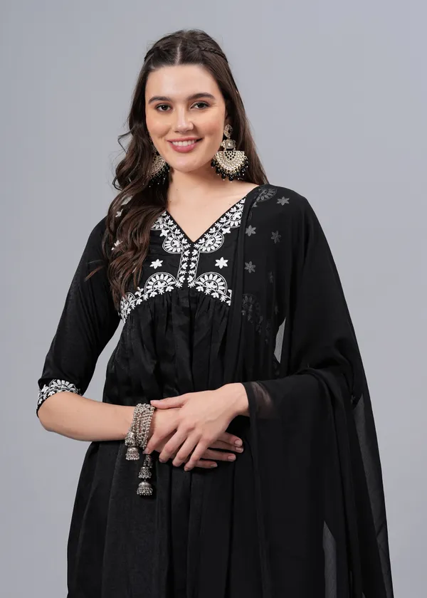 Black_Embroidered_Regular_Thread_Work_Straight_Kurta_With_Trousers_&_Dupatta_For_Women
