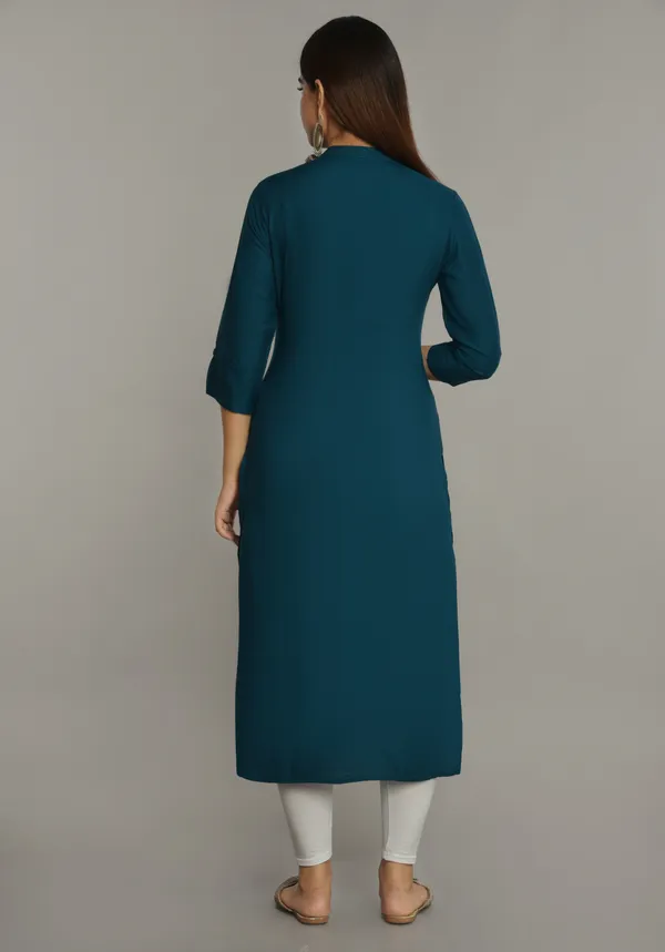 Petrol_Blue_Mandarin_Collar_Roll-Up_Sleeves_Straight_Kurta_For_Women