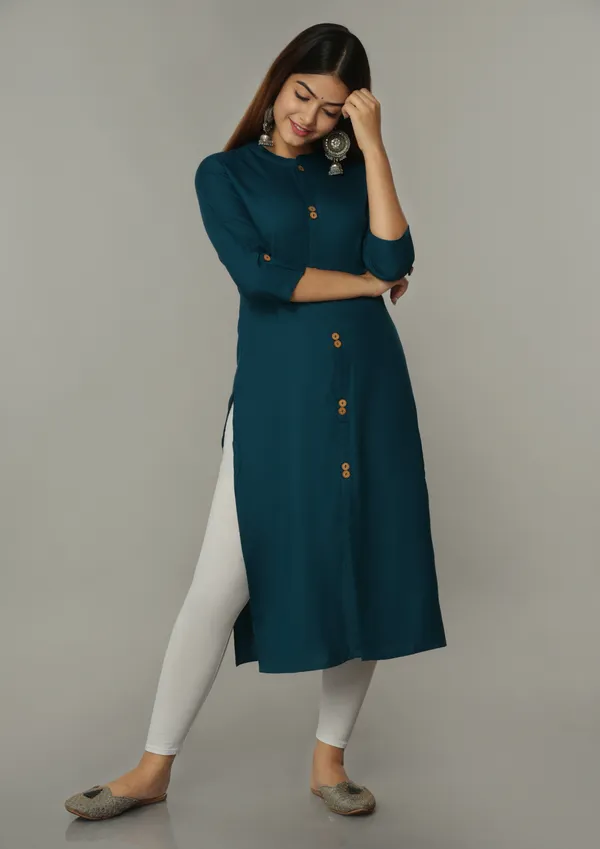Petrol_Blue_Mandarin_Collar_Roll-Up_Sleeves_Straight_Kurta_For_Women