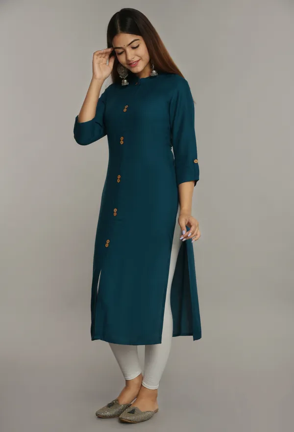 Petrol_Blue_Mandarin_Collar_Roll-Up_Sleeves_Straight_Kurta_For_Women