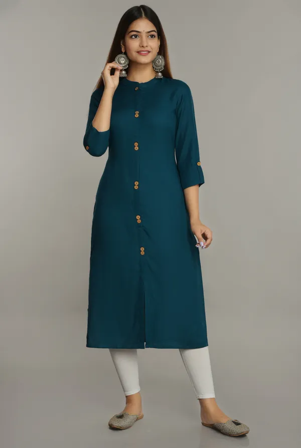 Petrol_Blue_Mandarin_Collar_Roll-Up_Sleeves_Straight_Kurta_For_Women