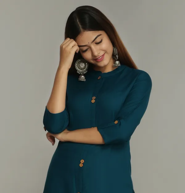 Petrol_Blue_Mandarin_Collar_Roll-Up_Sleeves_Straight_Kurta_For_Women