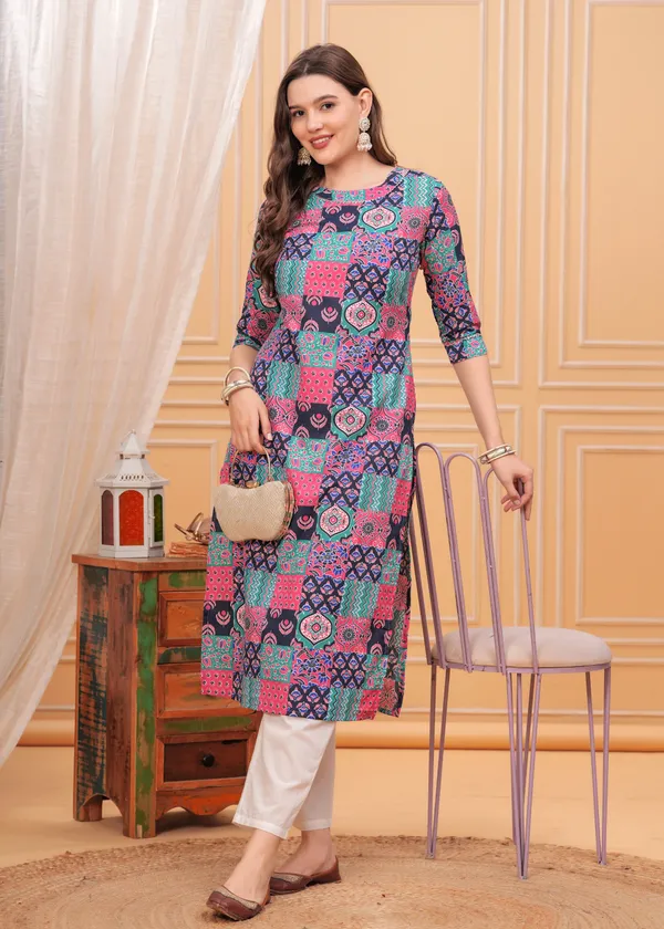 Black_Round_Neck_Geometric_Printed_Straight_Cotton_Kurta_For_Women