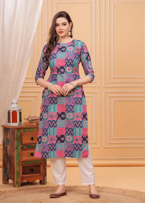 Black_Round_Neck_Geometric_Printed_Straight_Cotton_Kurta_For_Women