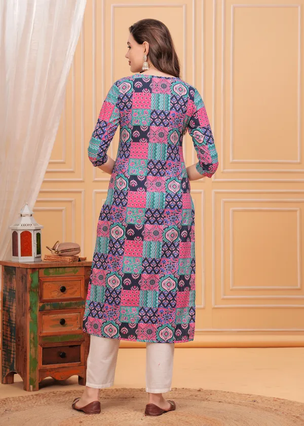 Black_Round_Neck_Geometric_Printed_Straight_Cotton_Kurta_For_Women