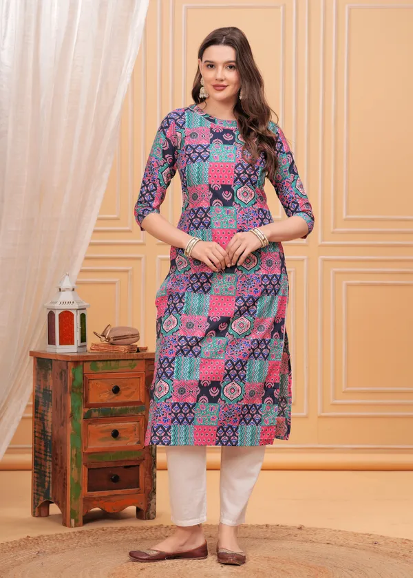 Black_Round_Neck_Geometric_Printed_Straight_Cotton_Kurta_For_Women
