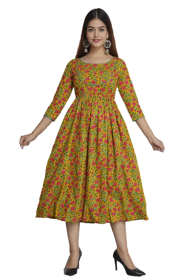 Yellow_Floral_Printed_Round_Neck_Gathered_Fit_&_Flare_Midi_Ethnic_Dress_For_Women