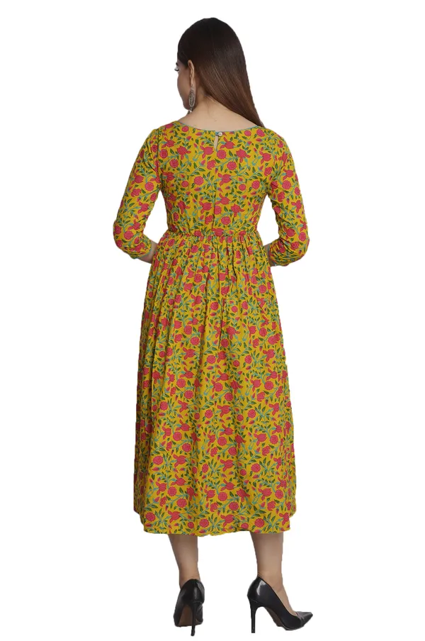 Yellow_Floral_Printed_Round_Neck_Gathered_Fit_&_Flare_Midi_Ethnic_Dress_For_Women