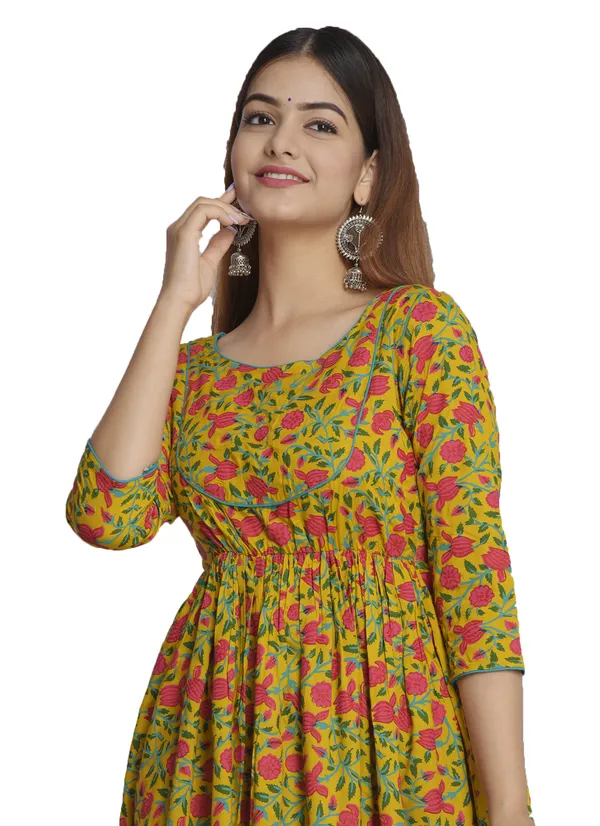 Yellow_Floral_Printed_Round_Neck_Gathered_Fit_&_Flare_Midi_Ethnic_Dress_For_Women