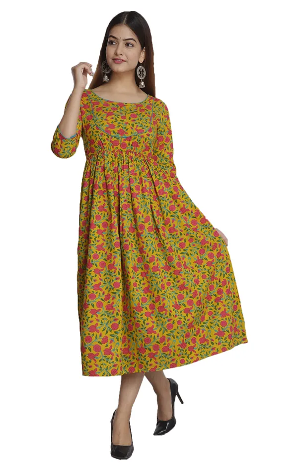 Yellow_Floral_Printed_Round_Neck_Gathered_Fit_&_Flare_Midi_Ethnic_Dress_For_Women