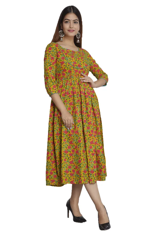 Yellow_Floral_Printed_Round_Neck_Gathered_Fit_&_Flare_Midi_Ethnic_Dress_For_Women