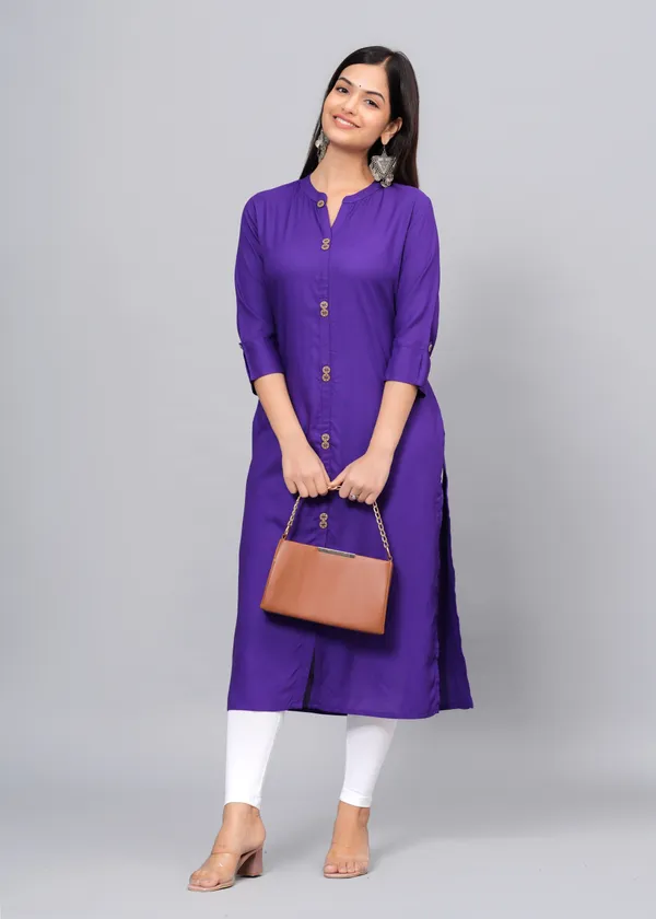 Wine_Mandarin_Collar_Roll-Up_Sleeves_Straight_Kurta_For_Women