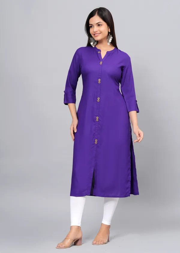 Wine_Mandarin_Collar_Roll-Up_Sleeves_Straight_Kurta_For_Women