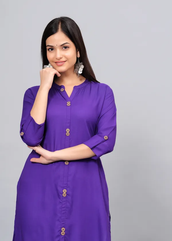 Wine_Mandarin_Collar_Roll-Up_Sleeves_Straight_Kurta_For_Women