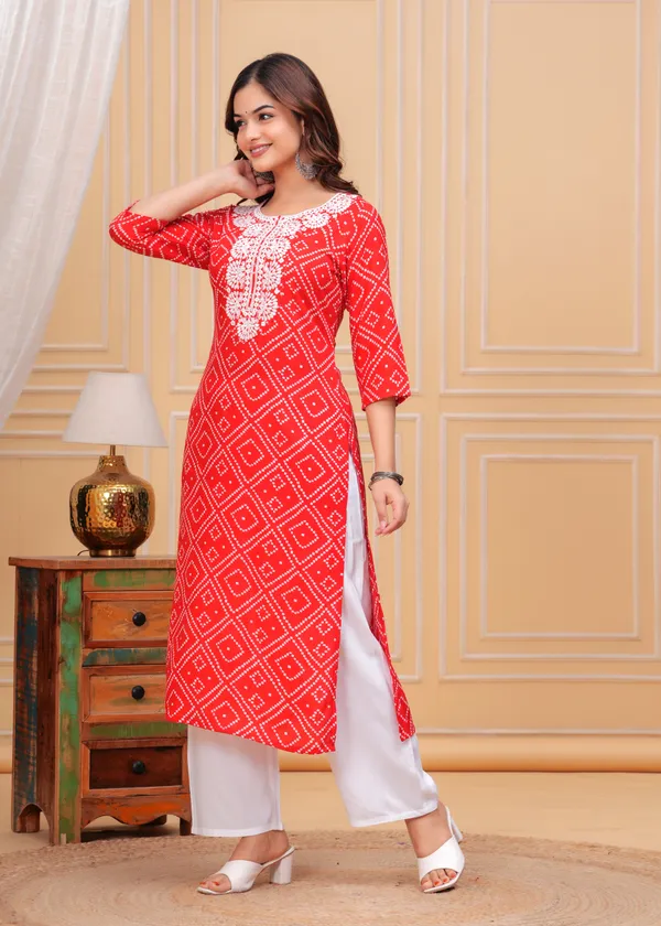 Red_Bandhani_Printed_Embroidered_Mirror_Work_Straight_Kurta_For_Women