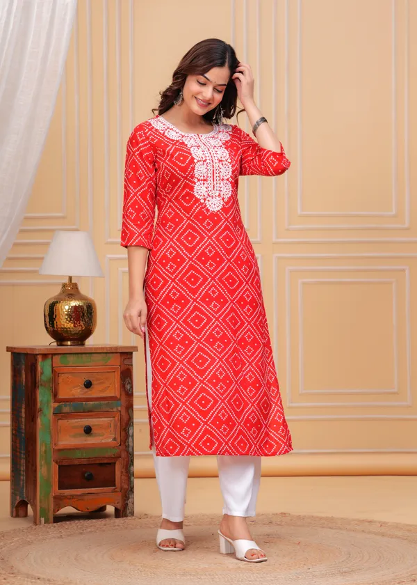 Red_Bandhani_Printed_Embroidered_Mirror_Work_Straight_Kurta_For_Women