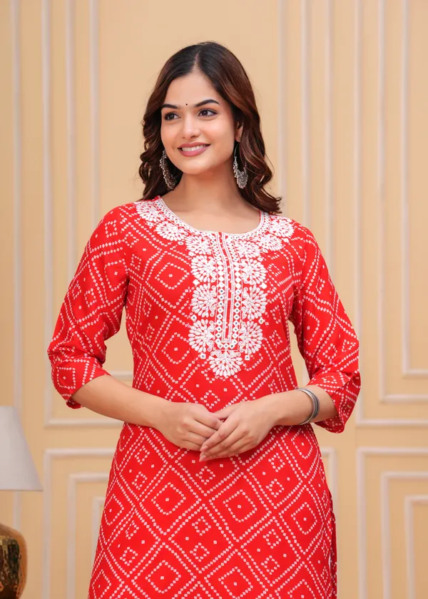 Red_Bandhani_Printed_Embroidered_Mirror_Work_Straight_Kurta_For_Women