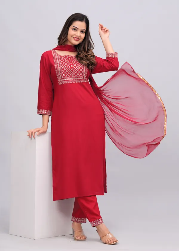 Red_Yoke_Design_Sequinned_Kurta_With_Trousers_&_With_Dupatta_For_Women