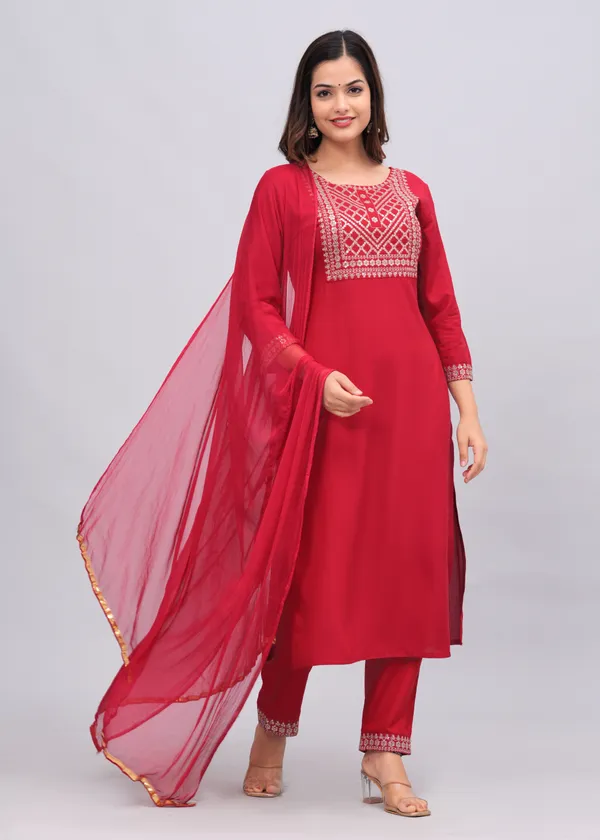 Red_Yoke_Design_Sequinned_Kurta_With_Trousers_&_With_Dupatta_For_Women