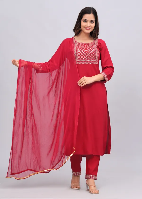Red_Yoke_Design_Sequinned_Kurta_With_Trousers_&_With_Dupatta_For_Women