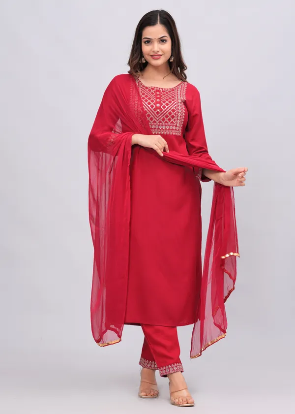 Red_Yoke_Design_Sequinned_Kurta_With_Trousers_&_With_Dupatta_For_Women