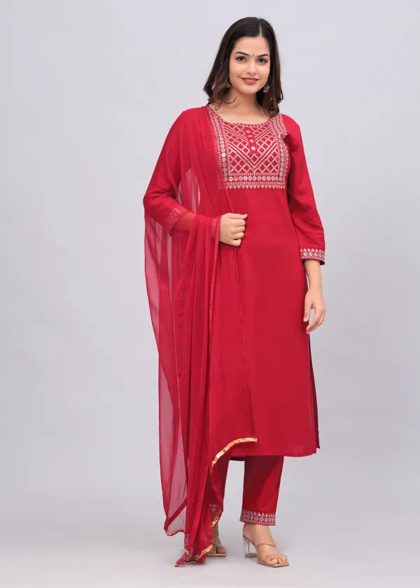 Red_Yoke_Design_Sequinned_Kurta_With_Trousers_&_With_Dupatta_For_Women