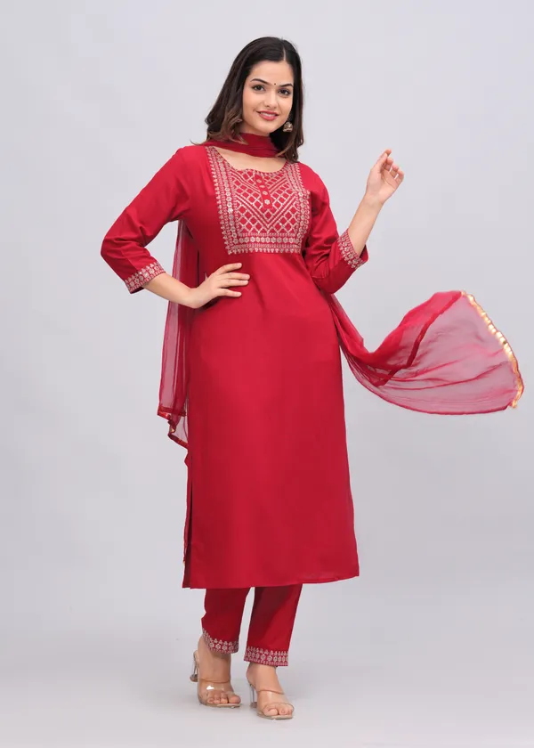 Red_Yoke_Design_Sequinned_Kurta_With_Trousers_&_With_Dupatta_For_Women