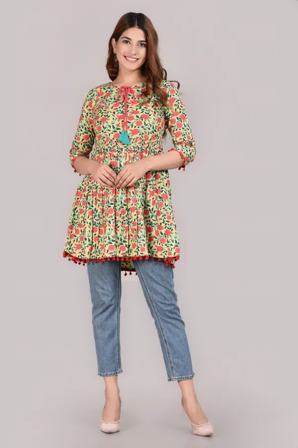 Parrot_Green_Floral_Printed_Tie-Up_Neck_A-Line_Longline_Top_For_Women