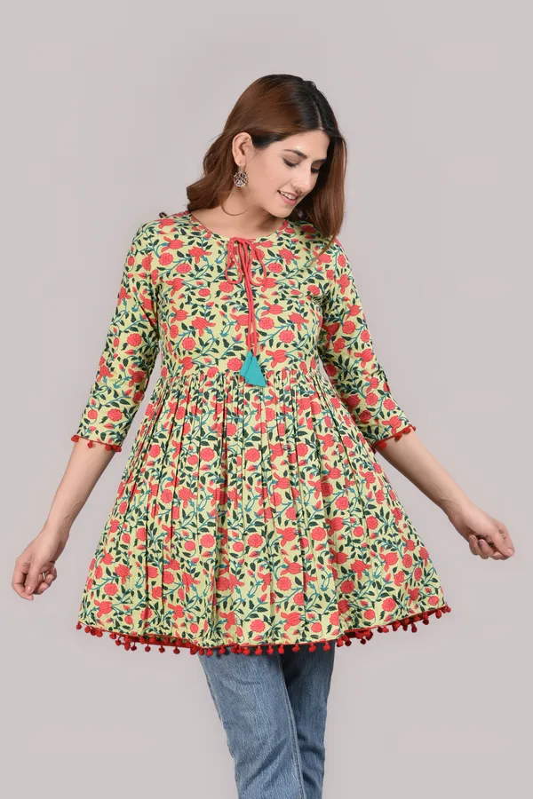 Parrot_Green_Floral_Printed_Tie-Up_Neck_A-Line_Longline_Top_For_Women