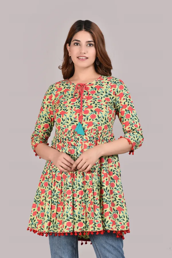 Parrot_Green_Floral_Printed_Tie-Up_Neck_A-Line_Longline_Top_For_Women