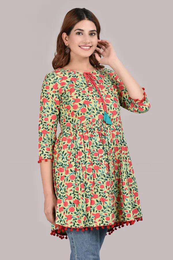 Parrot_Green_Floral_Printed_Tie-Up_Neck_A-Line_Longline_Top_For_Women